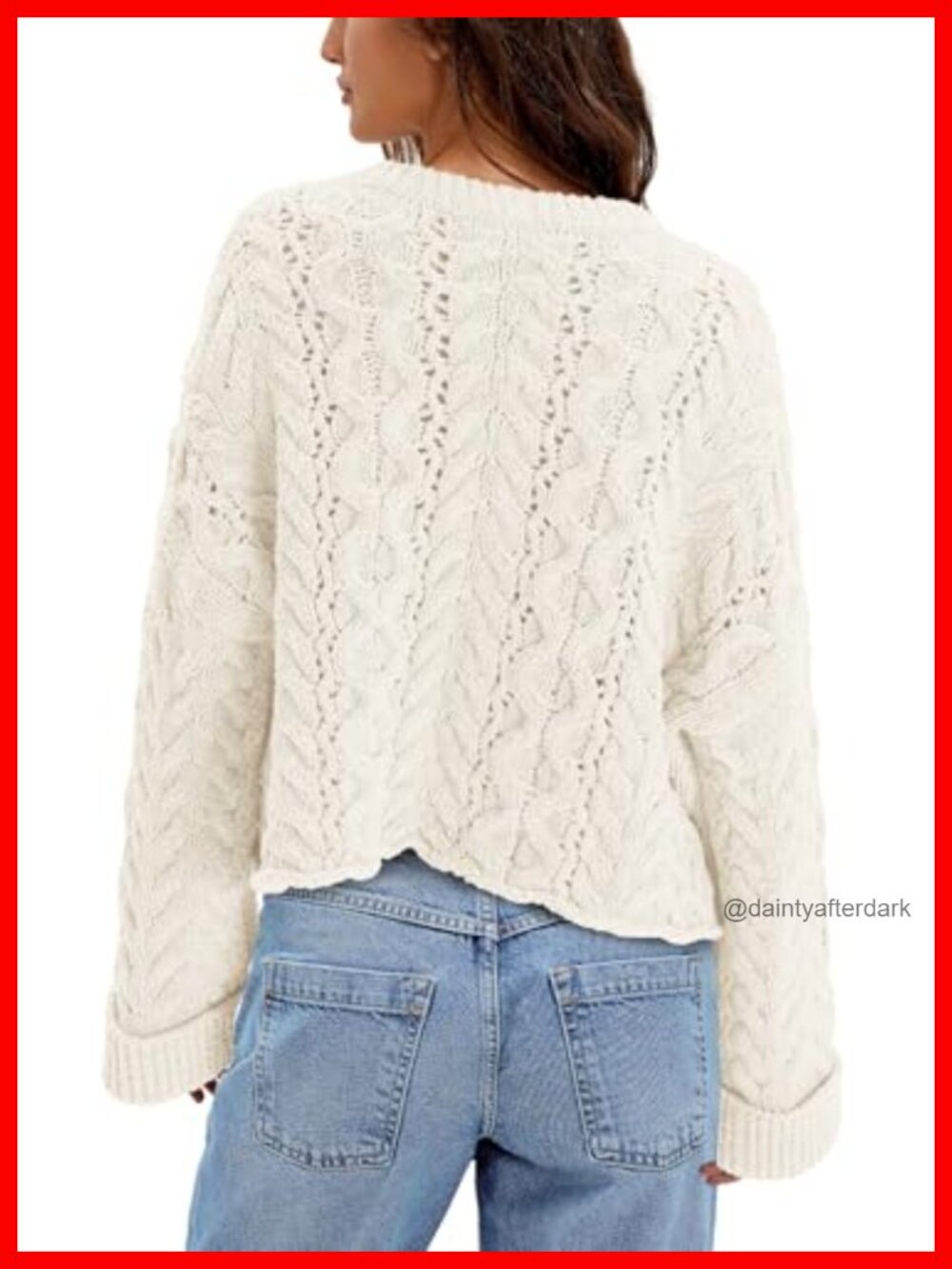 Chunky Cable Knit Bell Sleeve Oversized Cropped Pullover Sweater - Picture 3 of 4